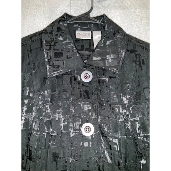 Chicos Black Button-Down Jacket Size 1 Geometric Pattern Long Sleeve Cotton/Span - Picture 2 of 4